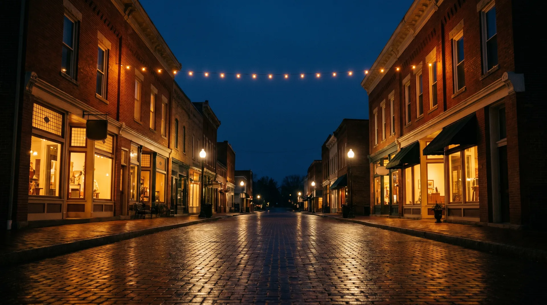 A warm small-town main street at dusk.